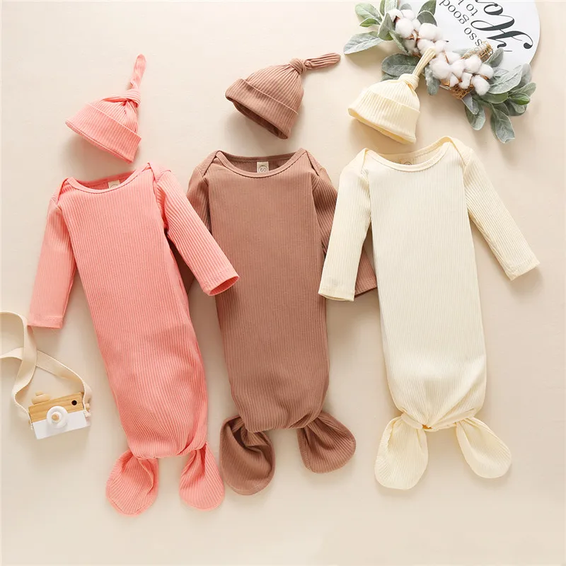

Blotona Toddler Baby Sleep Bag Set Infant Solid Color Long Sleeve Ribbed O-neck Sleeping Pocket + Elastic Hat for Spring, Fall