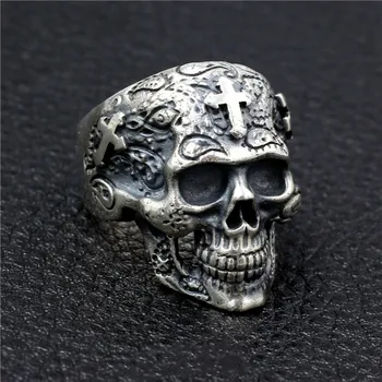 

New 100% S925 Pure Silver Skull Ring Man Thai Silver Men's Ring Handmade Cross Ghost Head Male Models Domineering