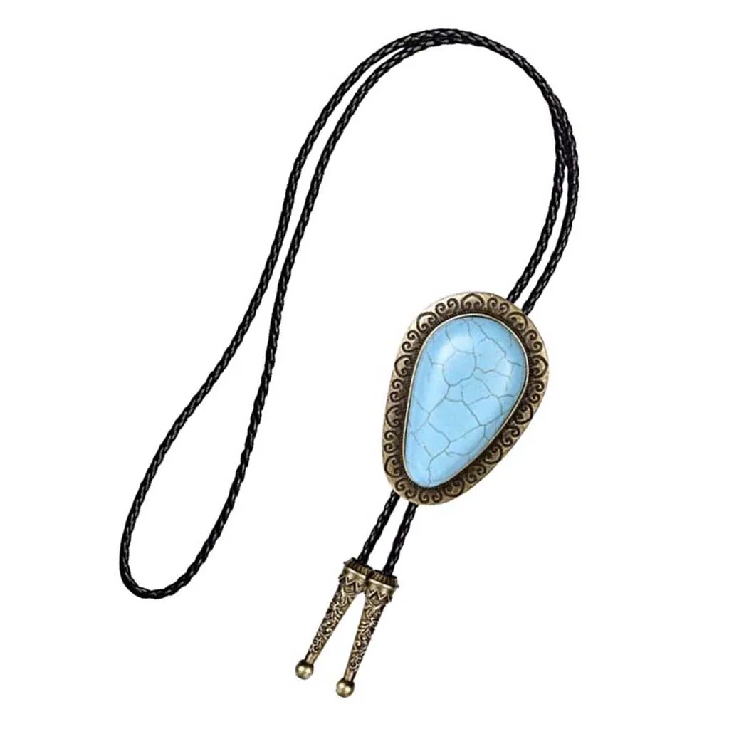 Vintage Big Turquoise Stone Cowboy Rodeo Bolo Tie PU Leather Necktie