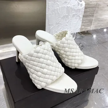 

High quality braid leather mules round toe high heel slippers formal party shoes women white black purple slippers