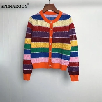 

SPENNEOOY Designer Custom Runway Autumn Female Multicolor Striped Knitting Cardigans Women Long Sleeve Hollow Out Casual Sweater