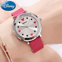 Оригинальные женские водонепроницаемые часы disney Mickey mouse из мягкого кожзаменителя с безопасной пряжкой, аналоговые кварцевые часы для девочек с сердечком в подарок