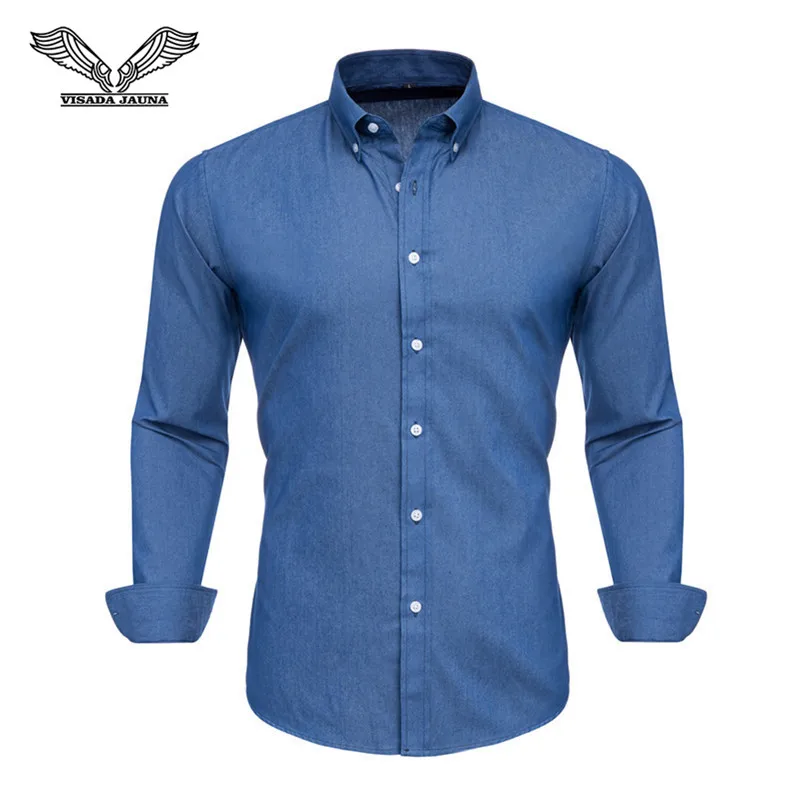 Light blue 25 VISADA JAUNA Высококачественная Мужская джинсовая рубашка с длинным рукавом, хлопковая однотонная Повседневная Деловая джинсовая рубашка, Брендовые мужские рубашки N5153 - Цвет: Light blue 25