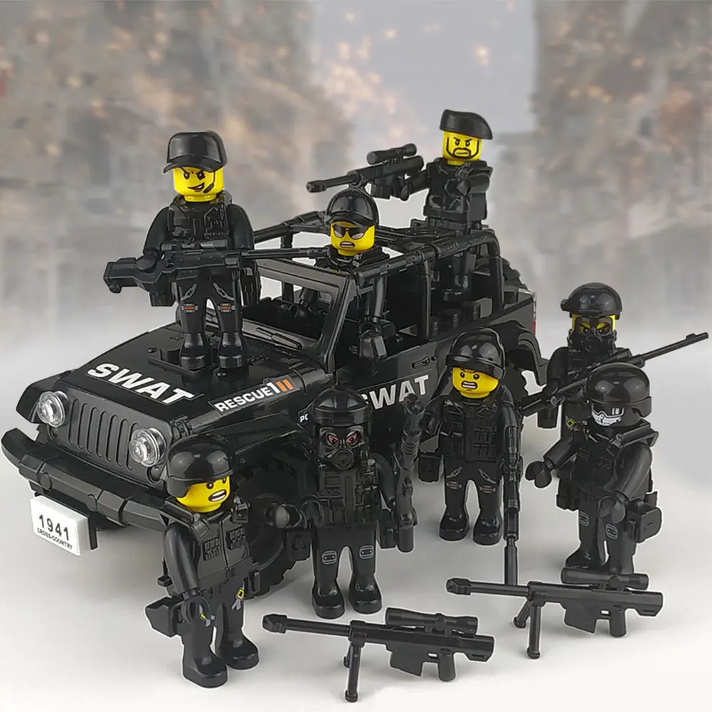Маленькая частица строительный блок игрушка SWAT Фигурка инструмент разбросанная тележка посылка сумка легко носить с собой черный полицейский с автомобилем