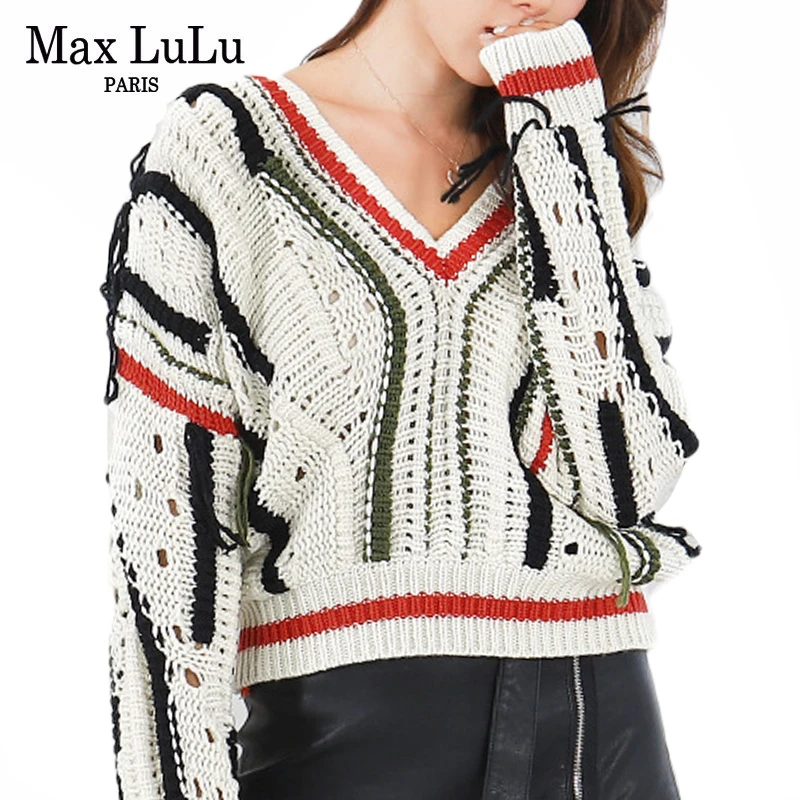Max LuLu Модный корейский трикотаж женская зимняя одежда в стиле панк женские трикотажные хлопковые свитера в полоску винтажные сексуальные пуловеры с v-образным вырезом