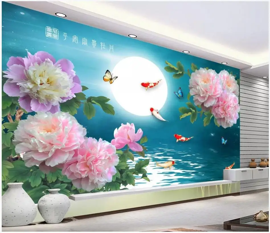 

WDBH Custom photo mural 3d wallpaper Chinese Peony Flower Moonlight Night home decor 3d wall mural wallpaper for living room