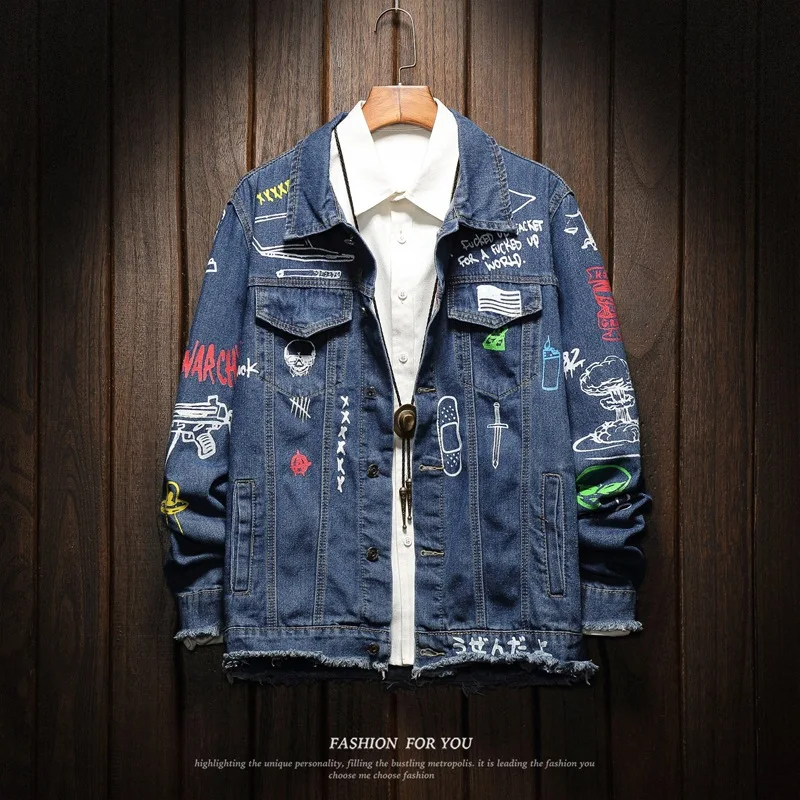 

2019 Spring And Autumn New Style Japanese-style Men Hip Hop Printed Denim Jacket Large Size Coat Plus-sized Trend Men'S Wear