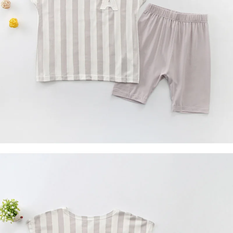 Hello Cloud Summer Children Stripes Loose Short Sleeve Homewear Set BOY'S Korean-style Air Conditioning Clothes Two-Piece Set