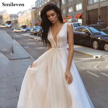 

Smileven A Line Wedding Dress Shiny Glitter Boho Bridal Dresses V Neck arabic Vestido De Noiva Wedding Gowns Custom made