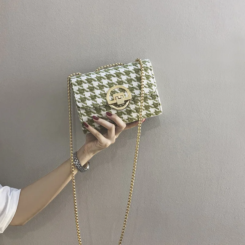 

Korean-style Thousands of Birds Square Sling Bag Women's INS-Style Versatile Canvas Woolen Chain Bag Simple Fashion Shoulder Obl