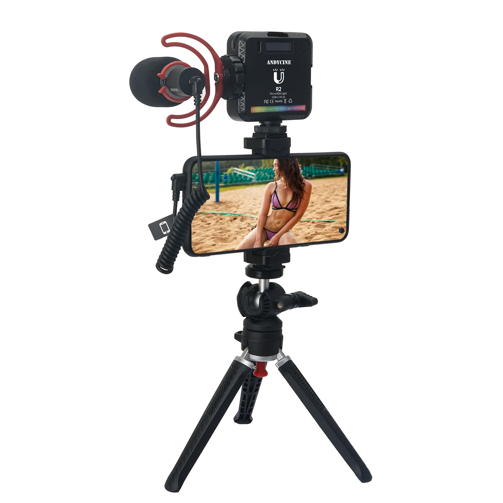 

Комплект видеосъемки для смартфона ANDYCINE 4 в 1 комплект со светодиодсветильник кой RGB + микрофоном + штативом + зажимом для телефона