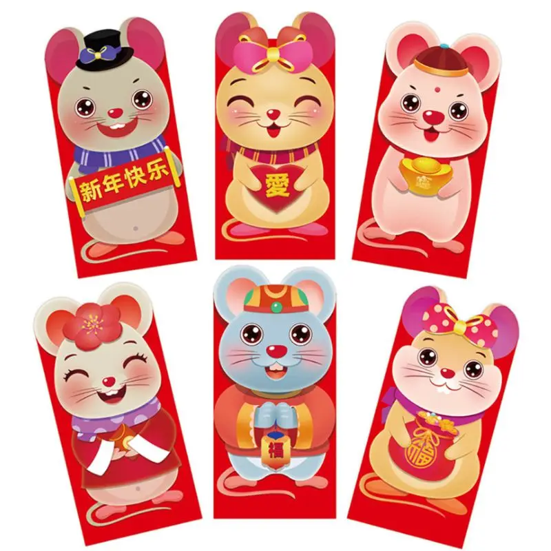 

6pcs/set 2020 Chinese New Year Red Money Envelope Year of the Rat Packet Bags X4YE