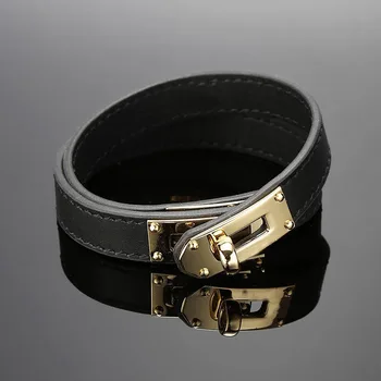 

11 Colors Stainless Steel Buttons Black Brown Cowhide Genuine Leather Bracelet Bangle For Women Fashion Jewelry DB001