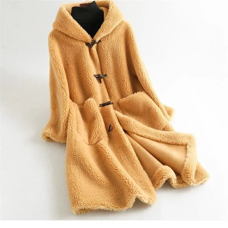 Женское зимнее пальто из натурального меха, негабаритная оторочка из овечьей шерсти с капюшоном, куртка, женское теплое пальто из овечьего меха, Manteau Femme Z48 - Цвет: lai jin huang