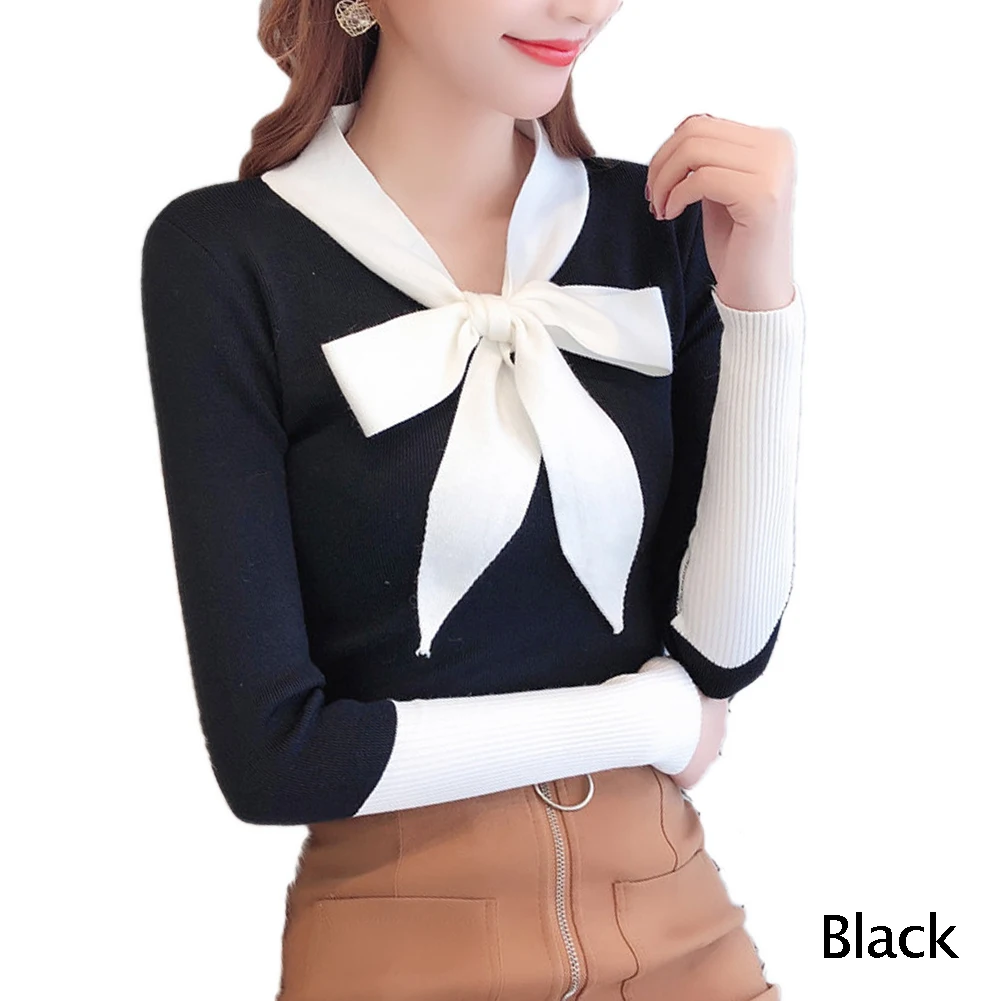 Bow Tie Neck Sweater Women Fashion Autumn Spring Black Tops Women Knitted Pullovers Long Sleeve Jumper Pull Femme Clothing