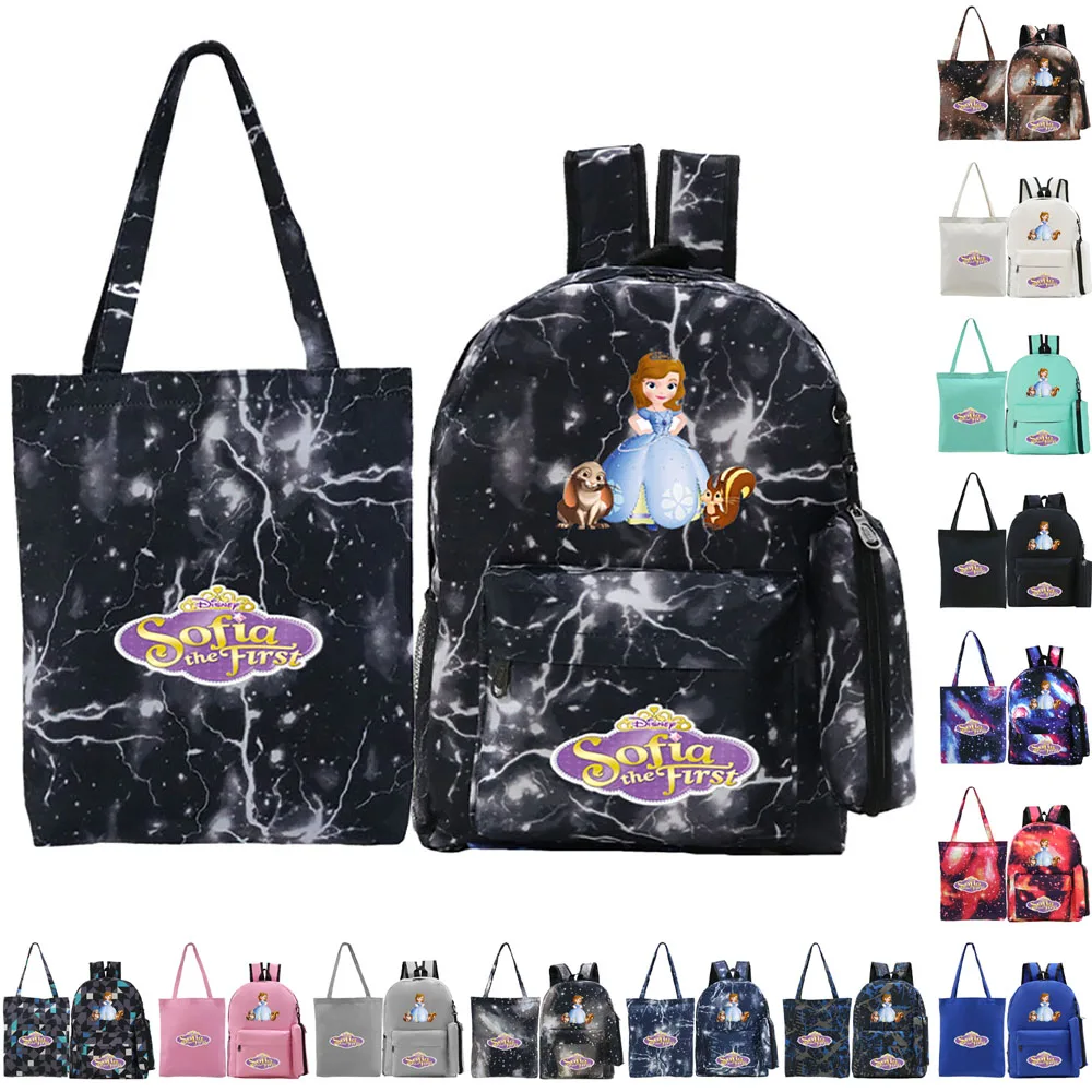 Disney Princess Pattern Cartoon Anime Student School Bag Girl Women Sofia Backpack Three-Piece Large Backpack+Handbag+Pencil Bag