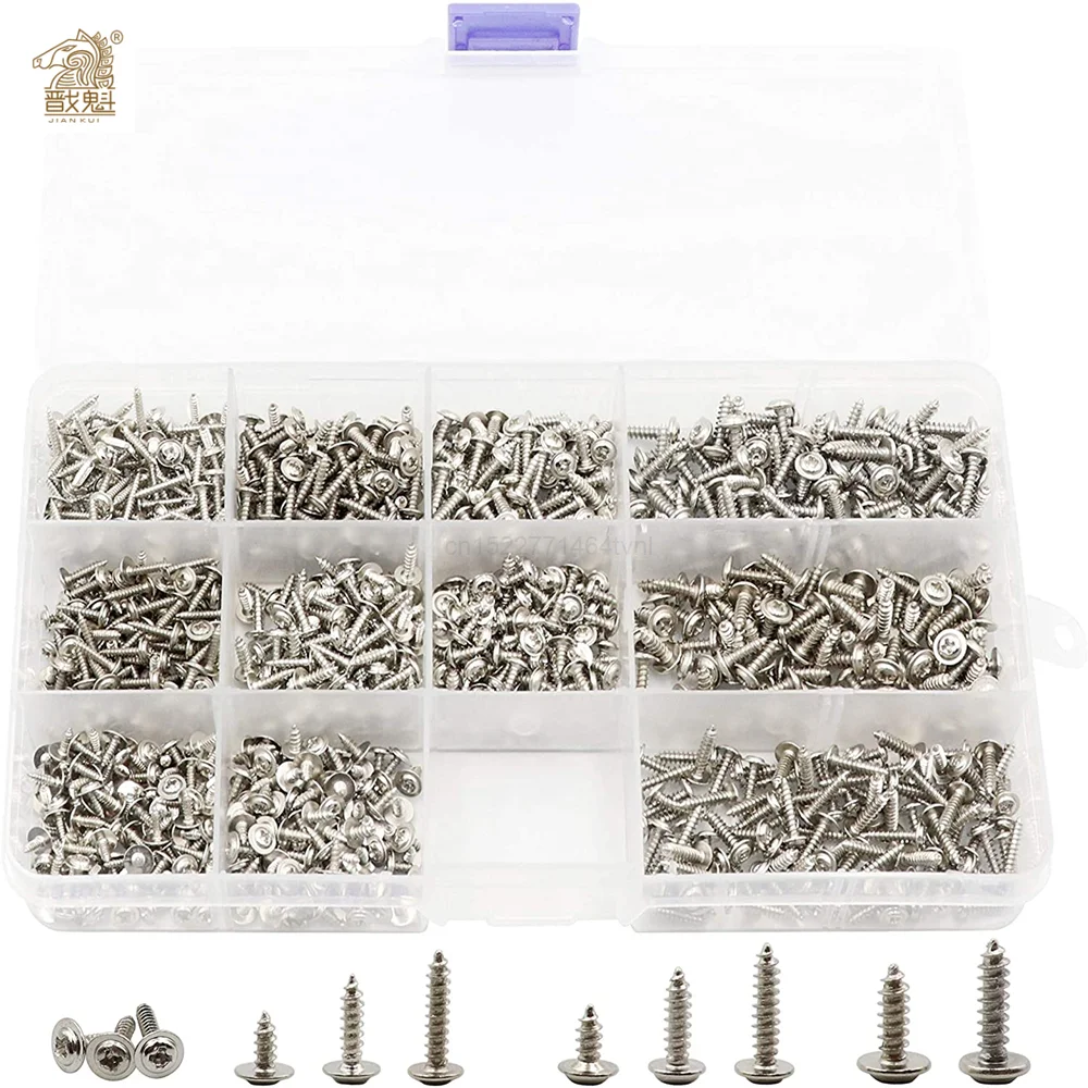 

1100pcs M1.7 M2 M2.3 M2.6 PWA Cross Round Head with Washer Self Tapping Screw Phillips Truss Head Self Tapping Screws Wafer Head