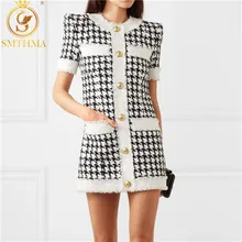 Женское летнее жаккардовое платье SMTHMA, изящное винтажное трикотажное платье с жаккардовым узором «гусиная лапка», круглым выр