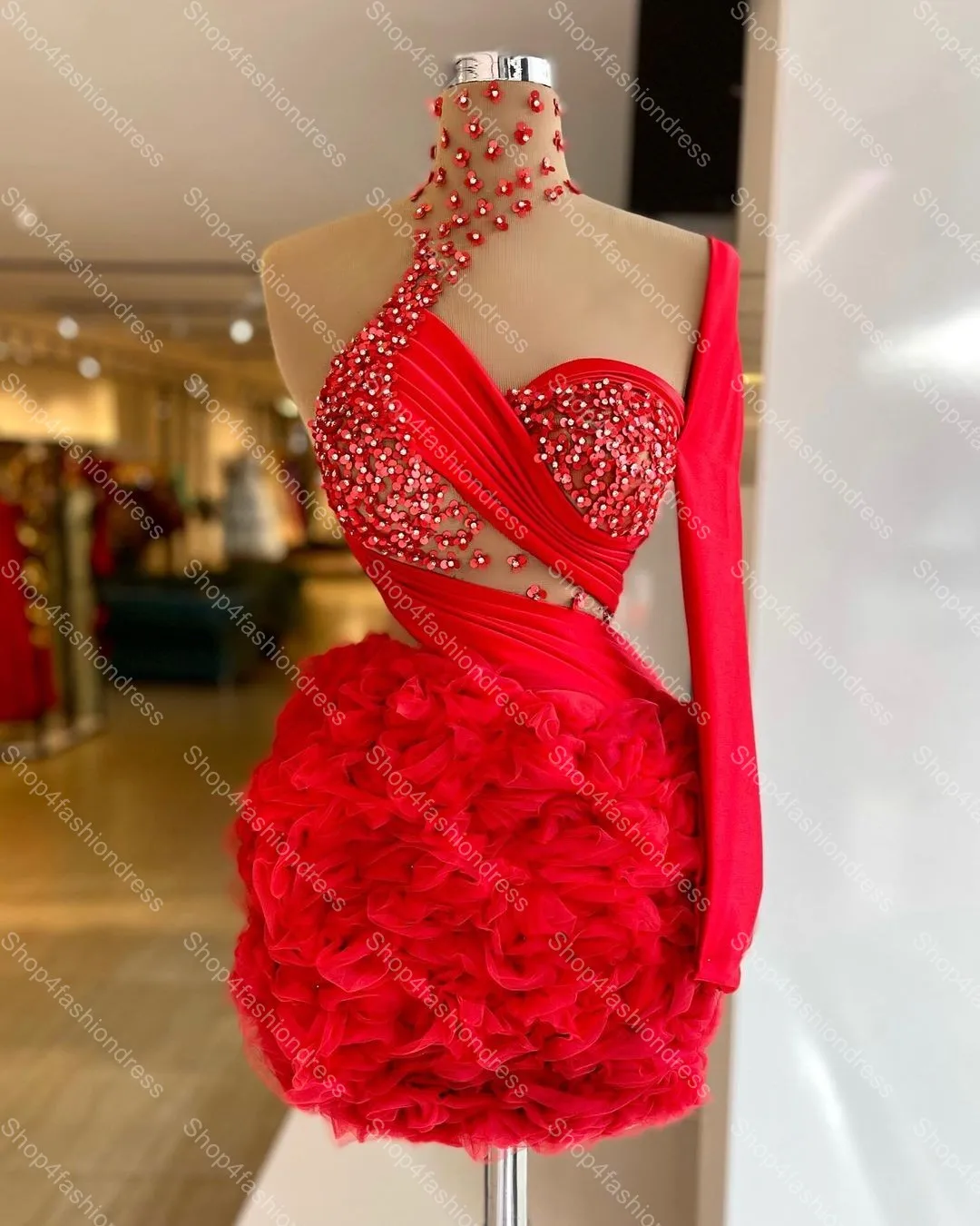 Pretty Red Crystals Tulle Mini Cocktail Dresses One Shoulder Beading Flowers Short Formal Party Dress See Thru Cocktail Gowns