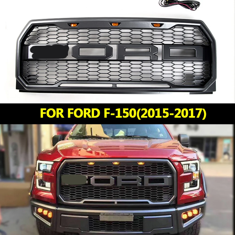 For Ford F150 2015 2016 2017 Racing Grills ABS Front Bumper Grille Raptor Grille With LED Light Protection