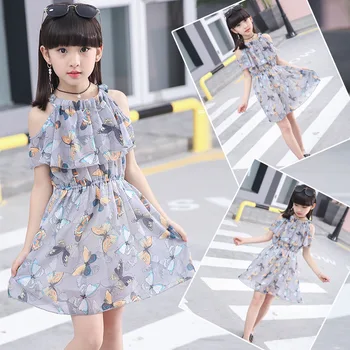 

Summer Girls Butterfly Strapped Dress 2020 New Style Fashion Chiffon Dress Big Boy Summer Wear