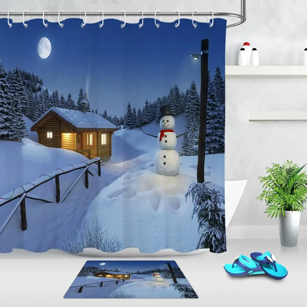 Curtain And Mat Рождественский Снежный ночной Снежный домик Снеговик занавеска для душа с ковриком для ванны водонепроницаемый из полиэстера ткань для украшения ванной - Цвет: Curtain And Mat