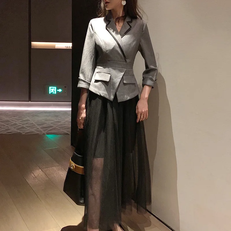 

LANMREM Solid Color Long-sleeved Suit Stitching Irregular Mesh Fake Two Pieces Of Woman Dress Fashion 2019 Autumn New TV314