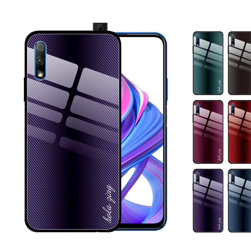 

for Huawei Honor 20 Pro 9X 8X 10 Lite V20 6X V10 9N Case Gradient Carbon Fiber Printed High Quality Tempered Glass Cover Funda