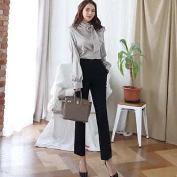 

Autumn Bowknot Solid Long Sleeved Blouse Black Pant Women Office Two Pieces Casual Sets