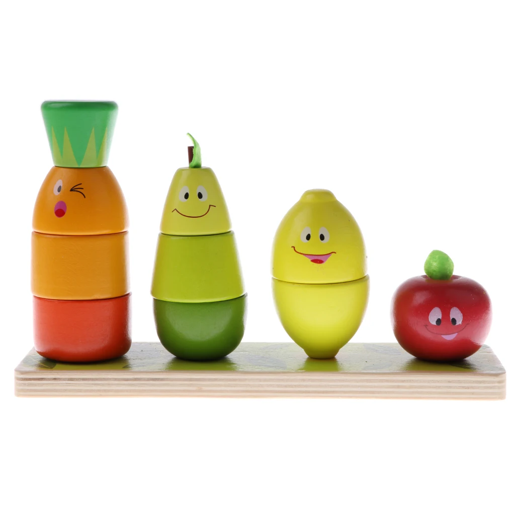 Cute Smiling Face Wooden Fruits Doll Stacking Game Building Blocks  Toy