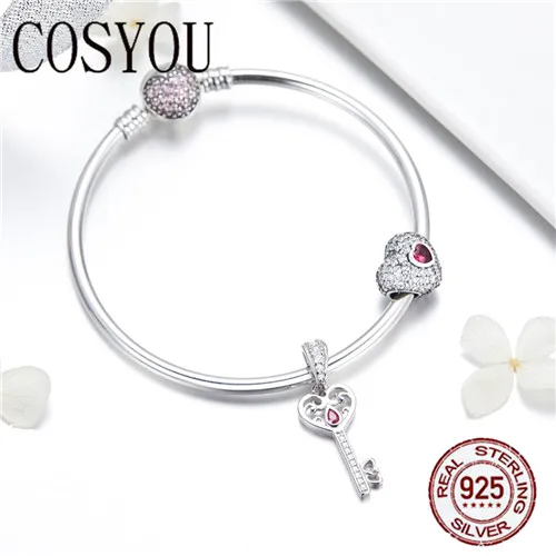 Ceny COSYOU 2019 autentyczne 925 srebro słodkie serce miłość klucz kształt Charm bransoletki dla kobiet CZ Sterling Silver biżuteria SCB817