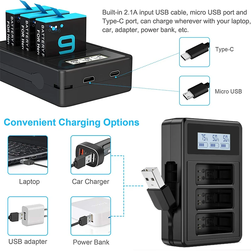 Carregador de Bateria Caixa de Proteção para go Acessórios da Câmera do Esporte Gopro Display Inteligente Carregador 2000mah Li-ion Bateria Pro Herói 9 - Image 2