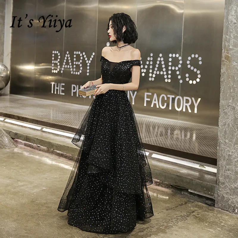 

It's Yiiya Evening Dress Boat Neck Sequins Black Evening Dresses Off Shoulder Elegant Formal Gowns Long robe de soiree LF125