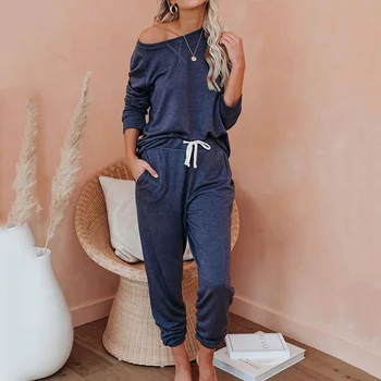 

SFIT Fashion O Neck Pajama Set Women Long Sleeve Solid Sleepwear Women's Pyjamas Sets Home Clothes Pyjama Femme