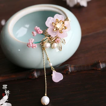 

VINTAGE HANDMADEL CHERRY BLOSSOMS SHELL PEARL TASSEL HAIRCLIP BUN ACCESSORIES UP DO HEADWEAR FOR KIMONO HANFU COSPLAY XZ