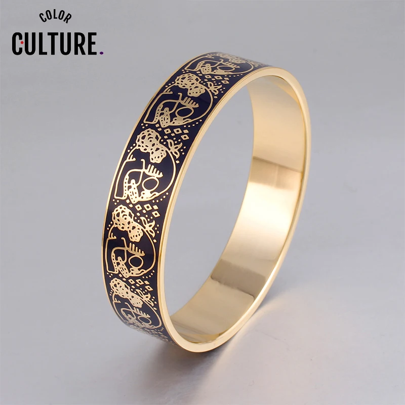 High Quality Female Bracelet 1.6cm Wide Temperature Ceramic Enamel Handmade Jewelry Black Skull Pattern Bangles