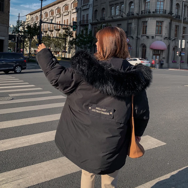 Новое модное зимнее пальто с большим меховым воротником, Женская хлопковая куртка, Студенческая свободная Длинная утепленная куртка, Женская парка