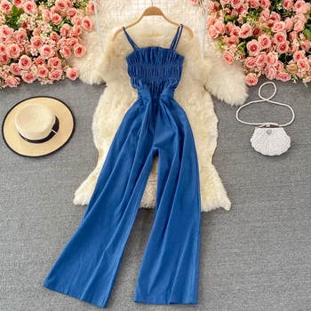 Summer Women Denim Romper Sexy Strapless Draped High Waist Jumpsuits Female Black/Blue Wide Leg Spaghetti Strap Rompers Fashion 1