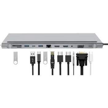 

TH1201 12 in 1 Type-C Gray USB3.0 USB2.0 2 HDMI Cards Reader Charger Hub for Household Computer Accessories