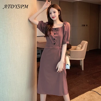 

Summer Vintage Party Dress Square Collar Bubble Sleeves Elegant Sexy Dress Beach Female Buttons Split Midi Dresses Vestidos