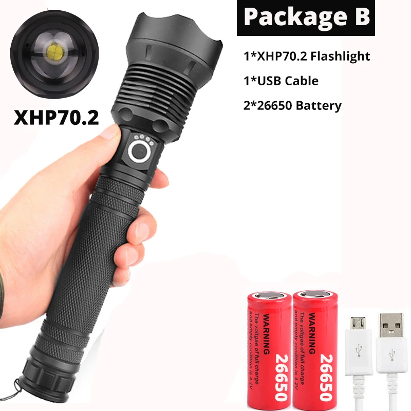 Package E-XHP70.2 Яркий xhp70.2 высокомощный перезаряжаемый светодиодный светильник-вспышка XHP90 lanterna тактический светильник 18650 или 26650 лампа для кемпинга и охоты - Испускаемый цвет: Package E-XHP70.2