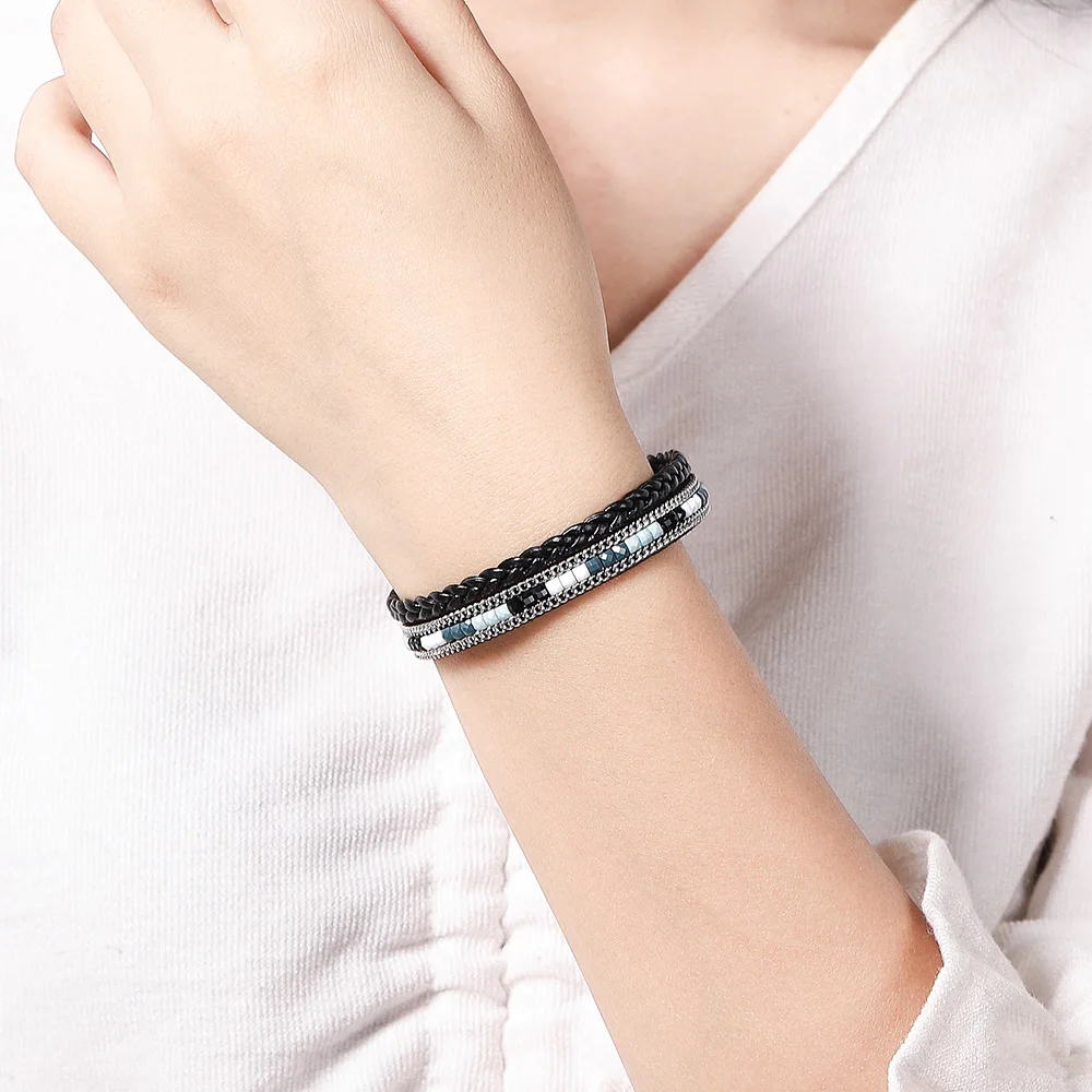 Womens Boho Wrap Leather Multilayer Wide Bling Bracelets Four Styles Hand Jewelry for Women Teen Girl Boy leather bracelet