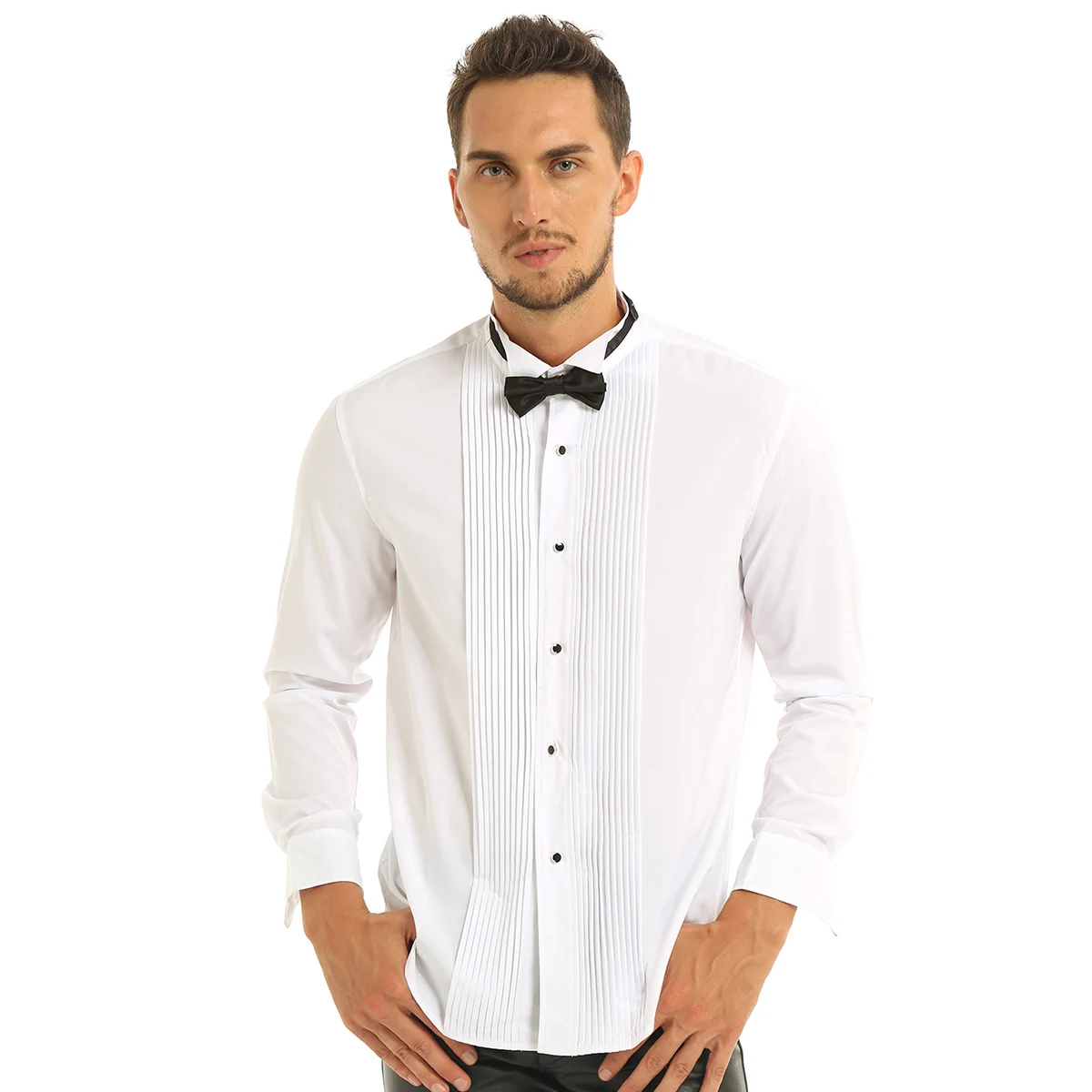 Модная мужская белая рубашка с длинными рукавами Chemise Homme приталенная однотонная Повседневная рубашка смокинг рубашки с галстуком-бабочкой