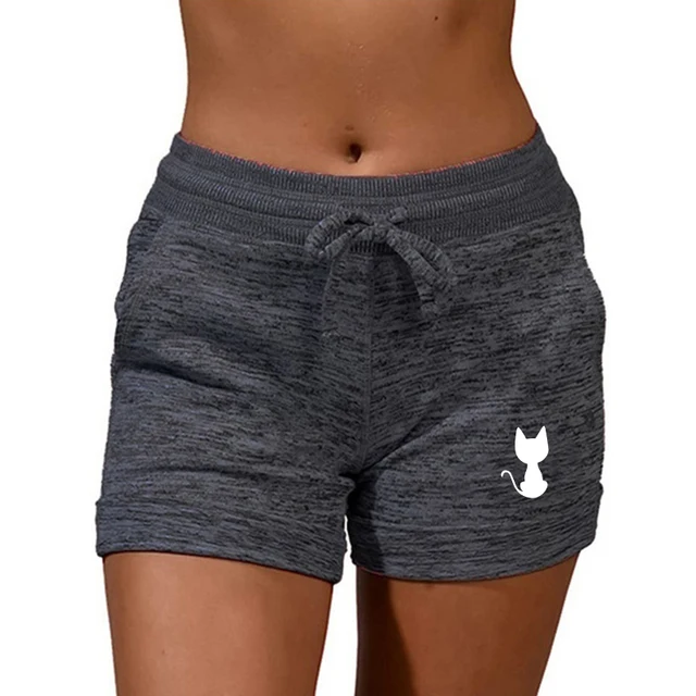 Summer Women's Shorts Back View Cat Printed Elastic Casual Sports Quick Drying Fitness Breathable Female Sweatpants Plus Size Dark Grey