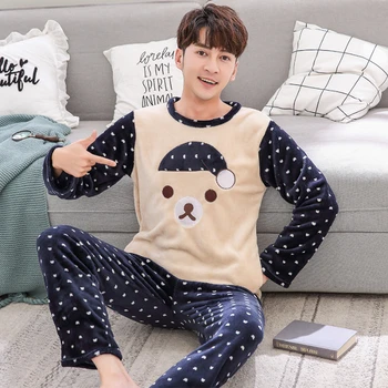 

Winter Warm Flannel Cartoon Men's Pyjamas Long Sleeve Pajamas Set Male Sleepwear Coral Fleece Nightsuits plus size Homewear Sets