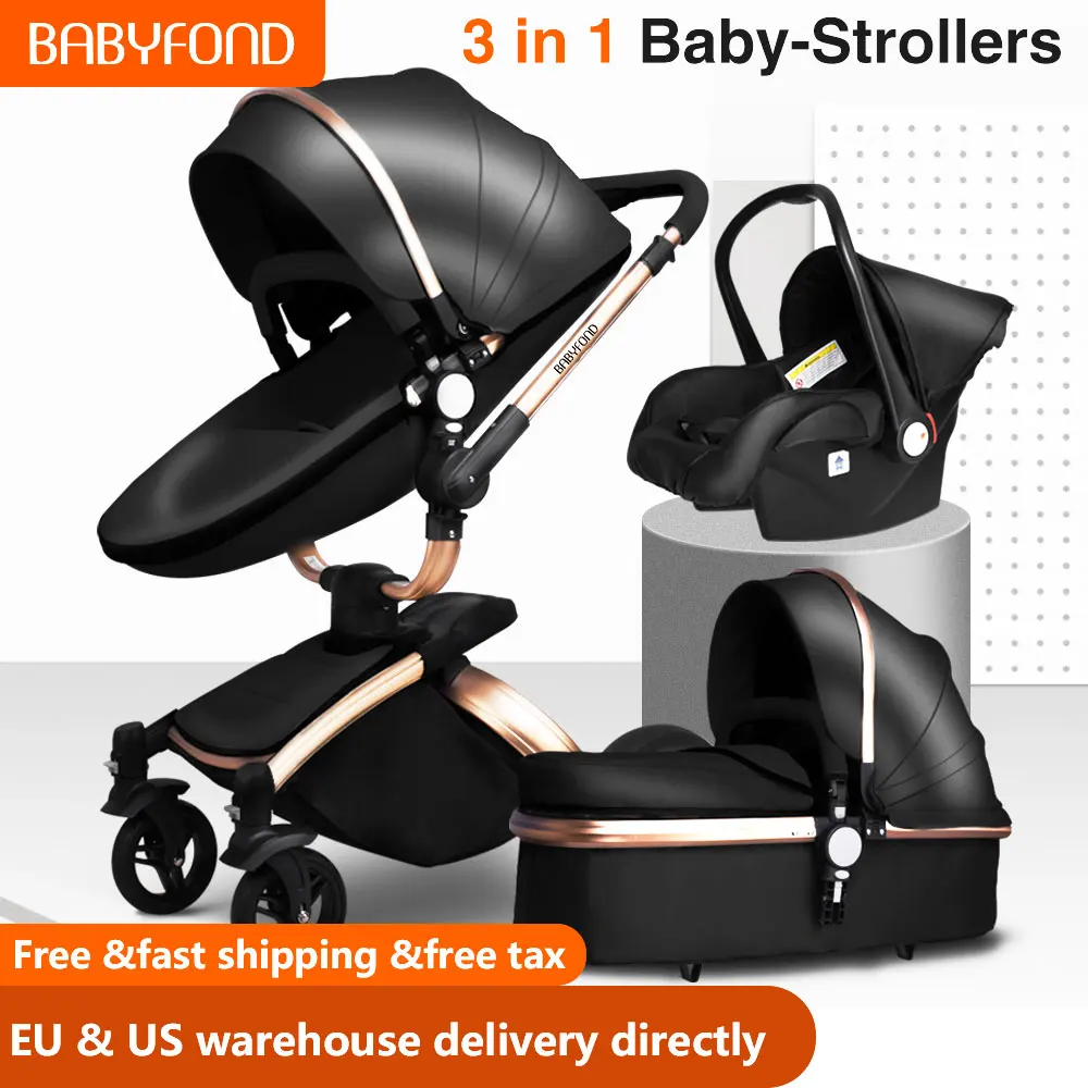  Free ship Babyfond 3 in 1 baby stroller 360 degree rotate Carriage gold frame PU Pram EU safety Car