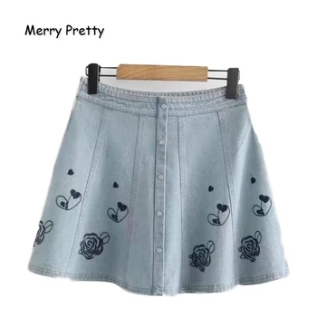 

Merry Pretty Denim Women's Rose Floral Embroidery Denim Skirts 2019 Autumn Hight Waist Mini Pleated Skirts Femme Jeans Skirt
