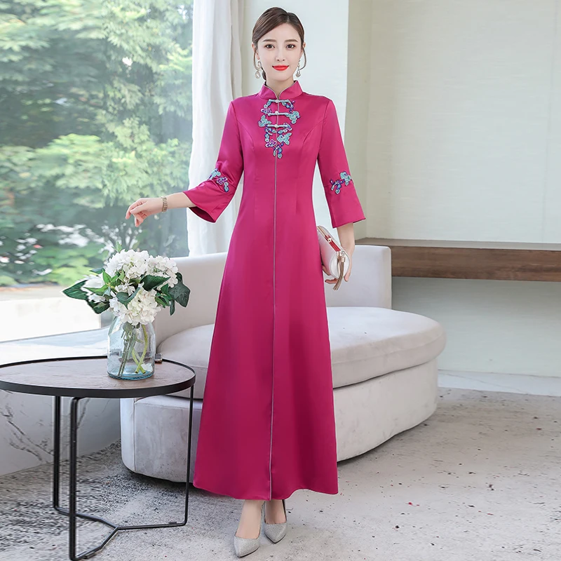 aodai, Восточное женское платье с вышивкой, улучшенное, чонсам, полная длина, платье для банкета, вечерние, длинное, Ципао, женское платье, китайское платье