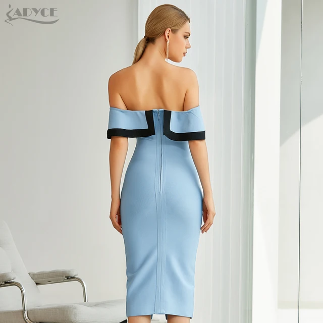 Adyce 2021 New Summer Women Off Shoulder Midi Club Bandage Dress Sexy Buttons Blue Bodycon Celebrity Evening Runway Party Dress 6