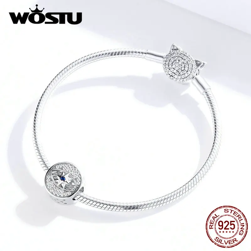 WOSTU, 925 пробы, серебряные круглые бусины дьявол глаз, голубой циркон, шарм, подходит для оригинального браслета, подвеска, серебро 925, ювелирные изделия DXC1368